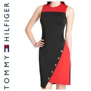 Tommy Hilfiger Red & Black Asymmetrical Scuba Sleeveless Sheath Dress Size 16
